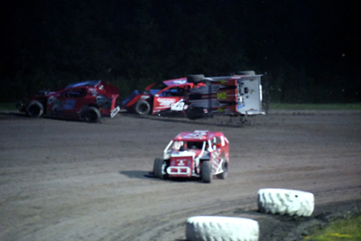 Nick Mallette (314) flips over in the Modified Lites A Main